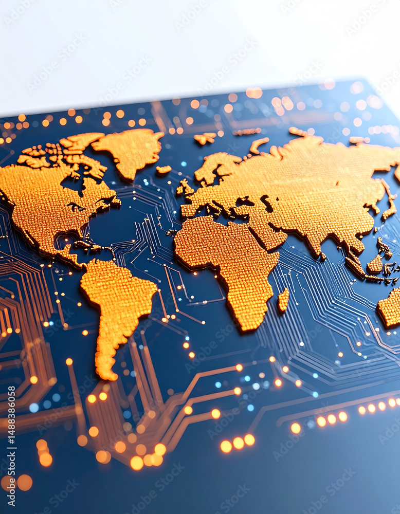 Poster a digital map of the world with intricate circuit patterns, highlighted in orange against a dark bac