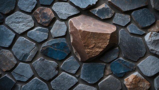 Construction style using dark natural stone for flooring with mortar joints and weathered appearance - Powered by Adobe