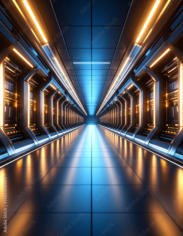 Poster futuristic corridor with illuminated panels, showcasing sleek design and a long perspective, creatin
