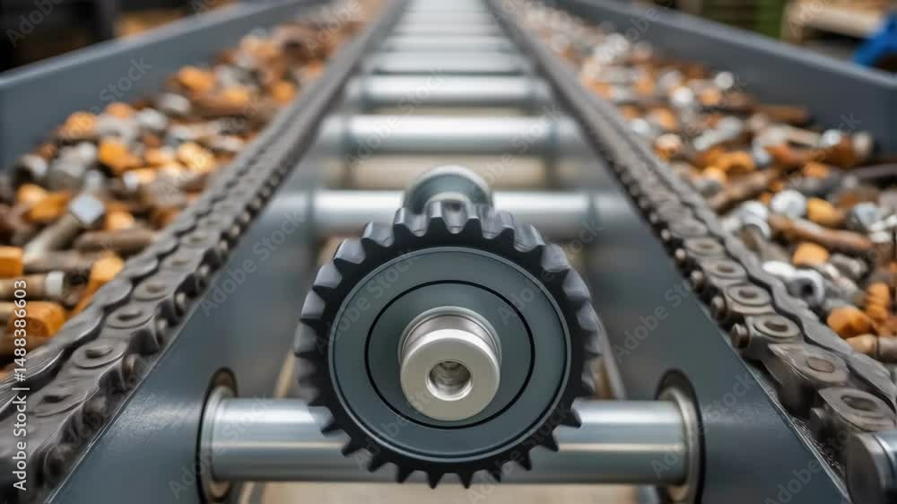 Poster conveyor belt moving rusty nuts and bolts in a factory