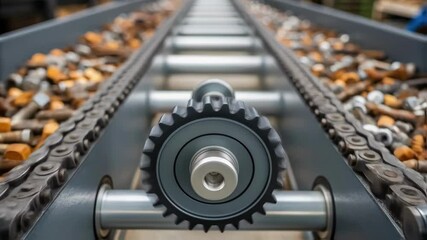 Conveyor belt moving rusty nuts and bolts in a factory