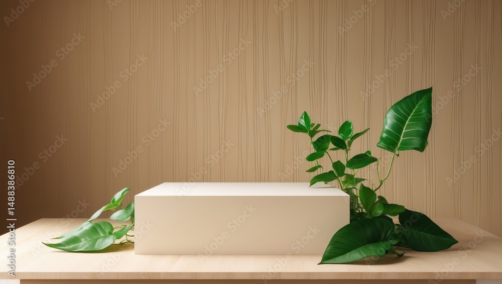Aufkleber Create a backdrop for displaying natural beauty health products with an empty table adorned with green plants and a wooden wall.
