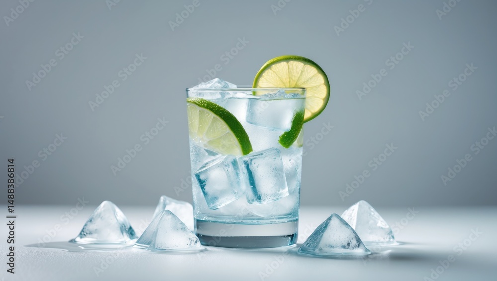 Poster sparkling gin fizz with lemon slice and ice in a glass on white backdrop
