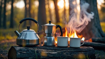 Comfortable campsite featuring a kettle, moka pot, and two enamel mugs on a log. Bathed in sunlight, encircled by trees and the smoke from the fire, it exudes warmth and rustic charm.