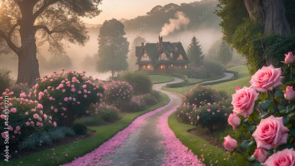 Poster fantasy landscape photo background showcasing a pink rose garden and a hazy path to a house. calm mo