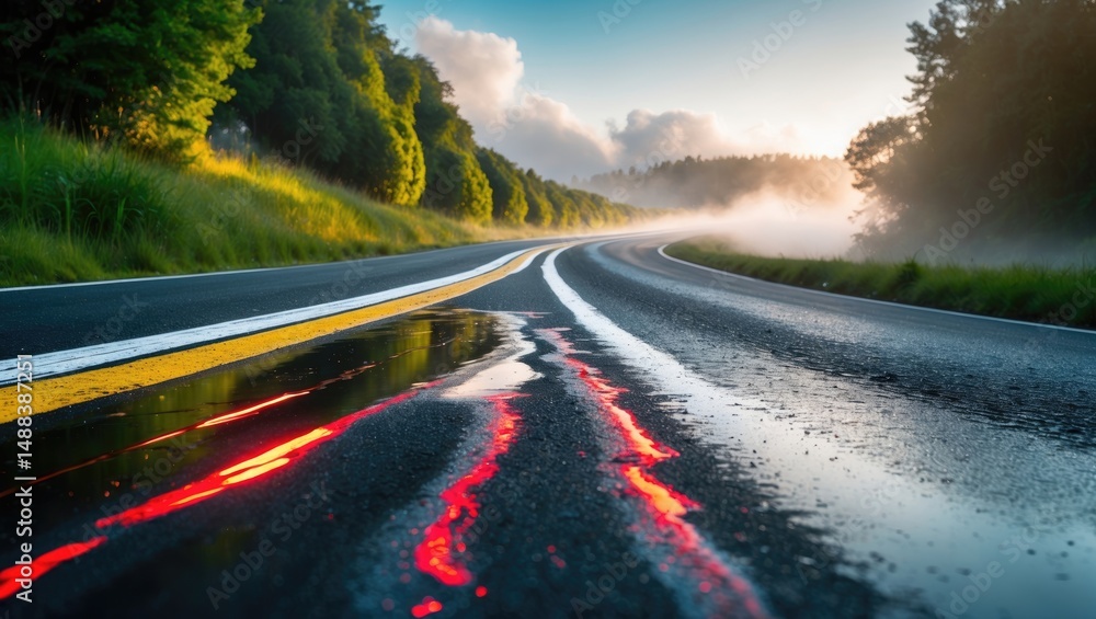 Poster Converting asphalt roadway with painted lines and vivid red reflections
