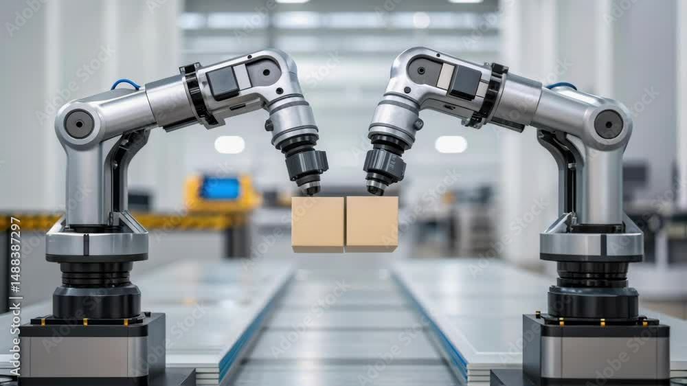 Poster robotic arms handling cardboard box on assembly line