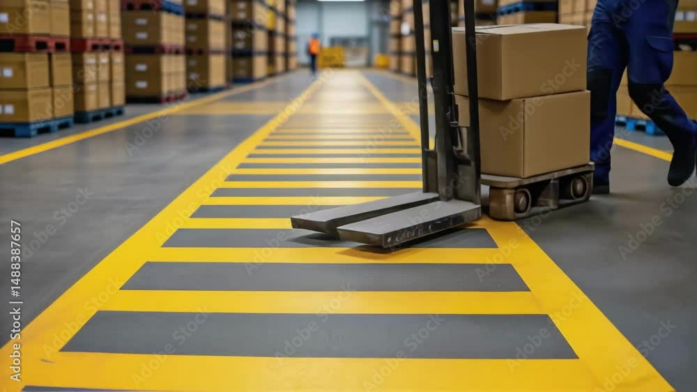 Poster warehouse worker moving cardboard boxes using manual pallet jack