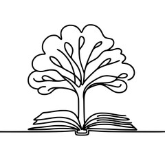 Line drawing of a tree growing from an open book, transparent background  