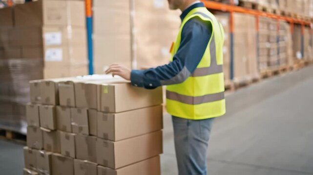 Warehouse workers checking inventory and managing cardboard boxes