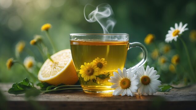 Flower and lemon infused chamomile tea cup