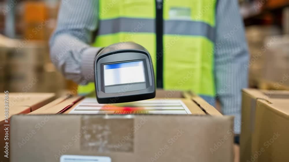 Poster warehouse worker scanning barcodes on cardboard boxes