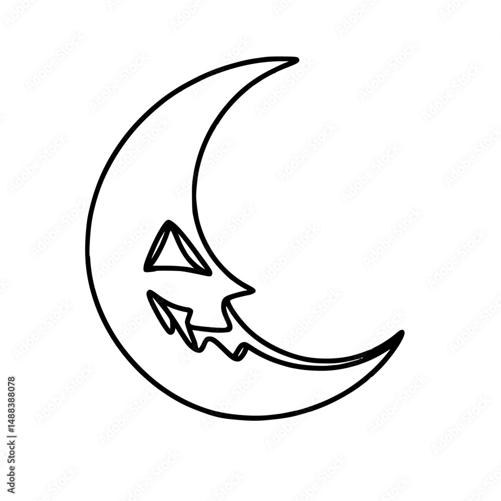 Poster line drawing of a crescent moon with a smiling face on a transparent background