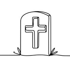 Obraz premium Simple line drawing of a tombstone with a cross on a transparent background 