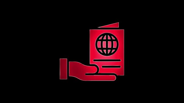 neon line book and hand blue coler icon isolated red coler on black background.