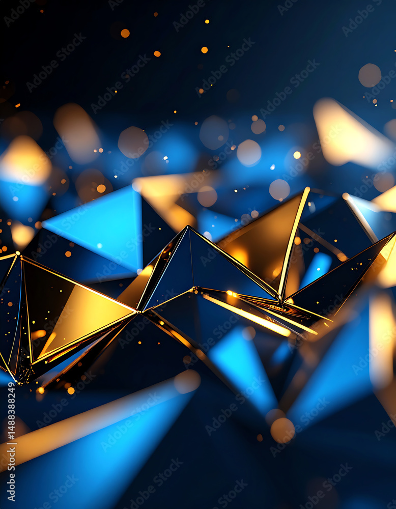 Poster abstract geometric shapes with a mix of blue and gold colors, creating a visually striking and moder