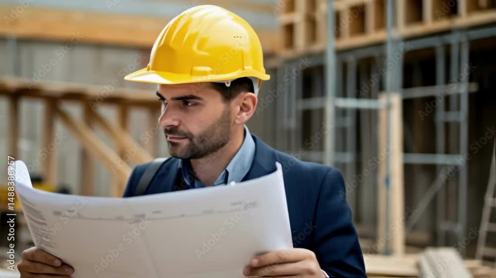 Poster architect reading blueprints on construction site