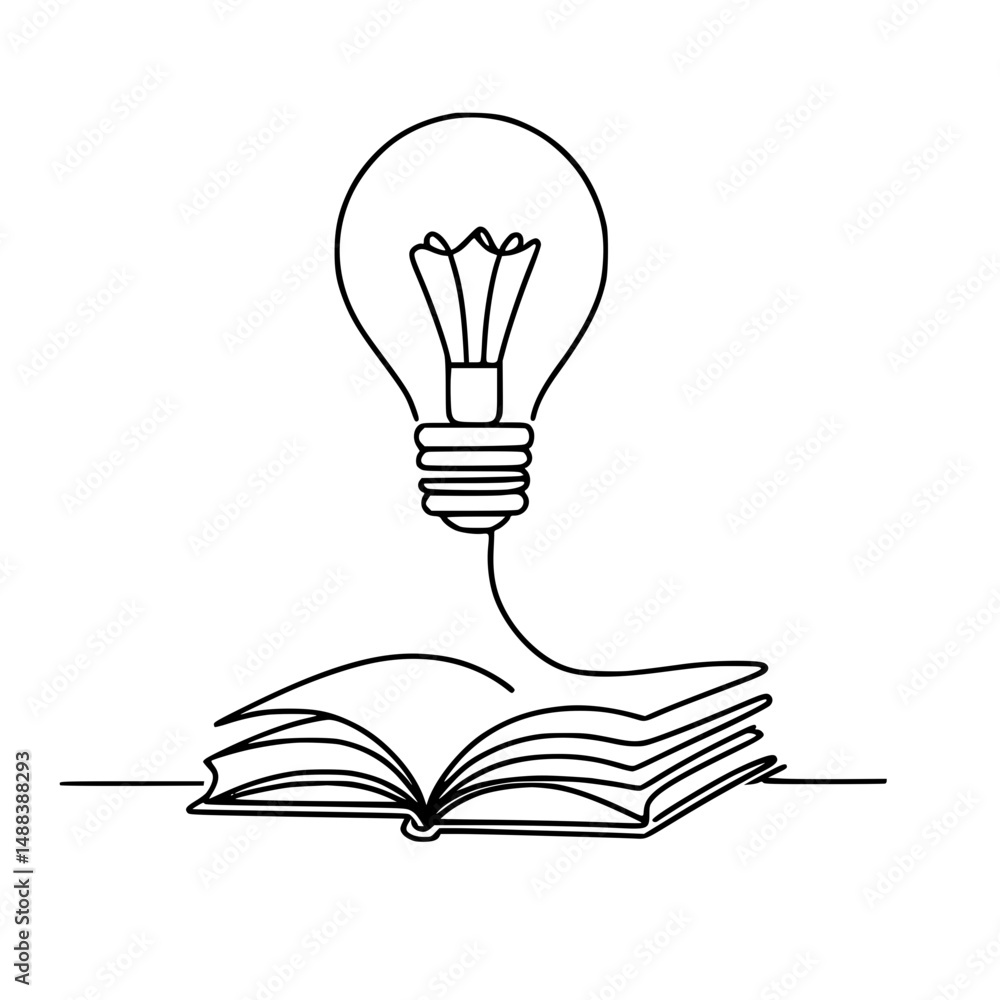 Aufkleber line drawing of an open book with a light bulb above it - concept of line drawing on a transparent b