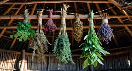 Dried herbs bundle suspended from the roof of a hut with shadows cast below
