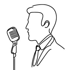 Profile of man singing into vintage microphone in line drawing style, concept of line drawing on a transparent background  