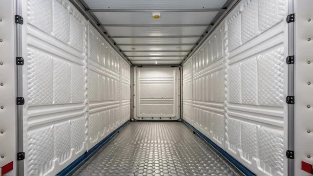 Empty refrigerated truck trailer interior with open doors