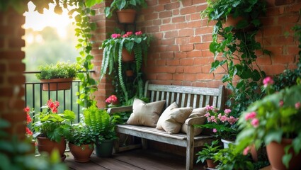 Fototapeta premium A home balcony garden featuring a brick wall, wooden seating, and various plants.