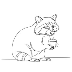 Fototapeta premium Raccoon holding nut while sitting in a line drawing style 