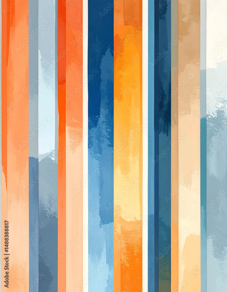 Poster vibrant vertical stripes in hues of orange, blue, and beige create a dynamic and visually appealing 