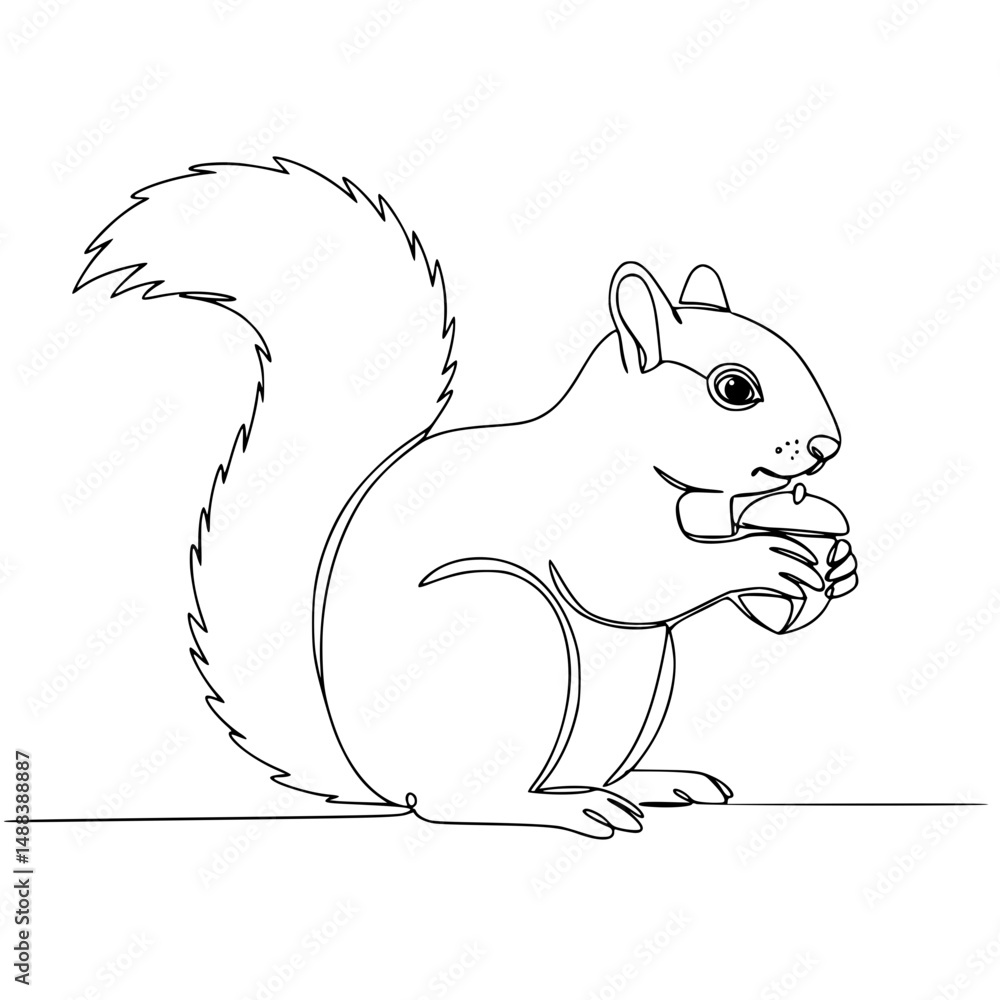 Poster line drawing of a squirrel holding an acorn on a transparent background