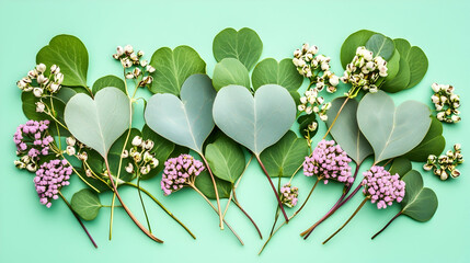 Heart-shaped eucalyptus leaves and flowers arranged on mint background; ideal for wedding invitations or romantic designs