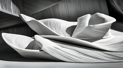 Abstract white sculptural forms, interior architectural design, dramatic light, modern building background