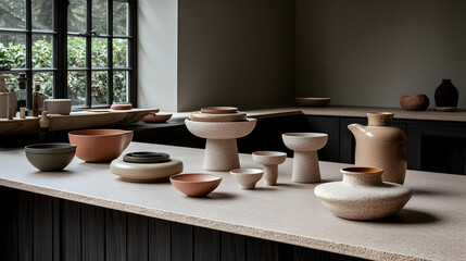 Earthenware pottery collection displayed on kitchen counter, near window, rustic background, for home decor catalog