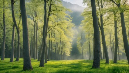 Naklejka premium Beech trees in springtime on the mountain