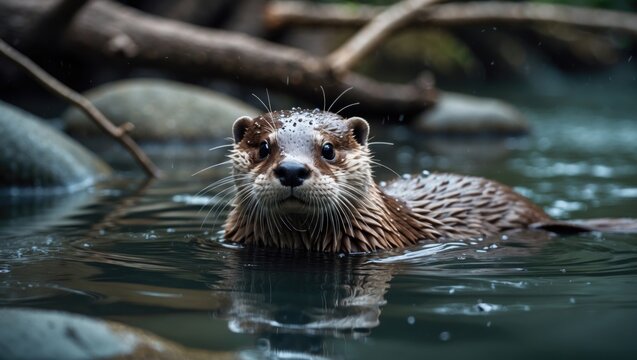 Asian otter with small claws frolicking in water