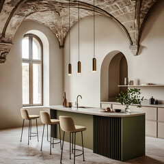 Modern kitchen island with pendant lights in historic building