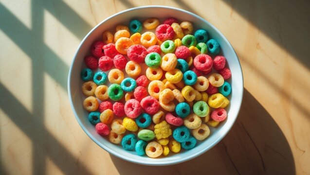 Bowl of brightly colored cereal