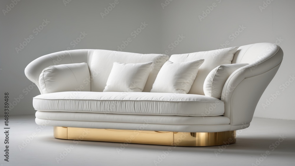 Poster Stylish white sofa featuring a gold metal base structure. Armchair designed with plush fabric and rounded padding. Includes a white cushion with cotton-like textures. Sofa set against a plain