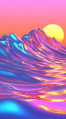 Iridescent mountain landscape sunset; vibrant colors, digital art; ideal for phone wallpaper or website backgrounds