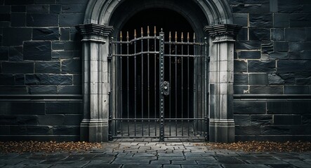 Iron barred gate closed in front of a dark stone hallway