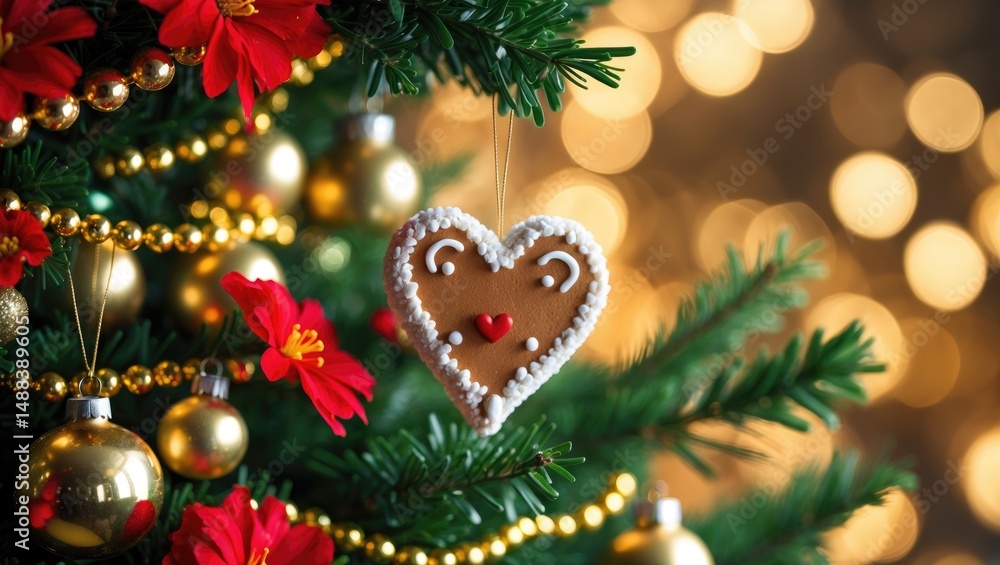 Poster tree decorated with gingerbread and a hazy light background.