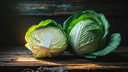 Fresh cabbage alongside a chopped one on a wooden backdrop