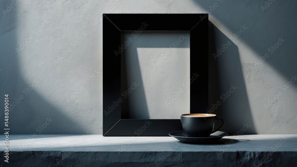 Poster vertical black metal frame featuring a blank white space and a coffee cup on a table in front of a g
