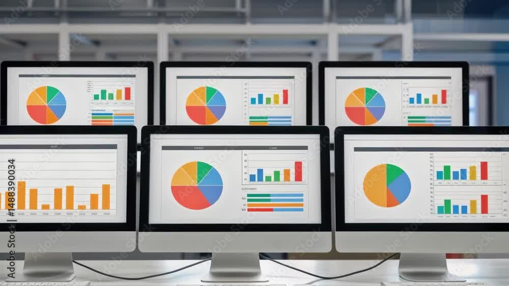 Poster Computer screens showing colorful business charts and pie graphs in office