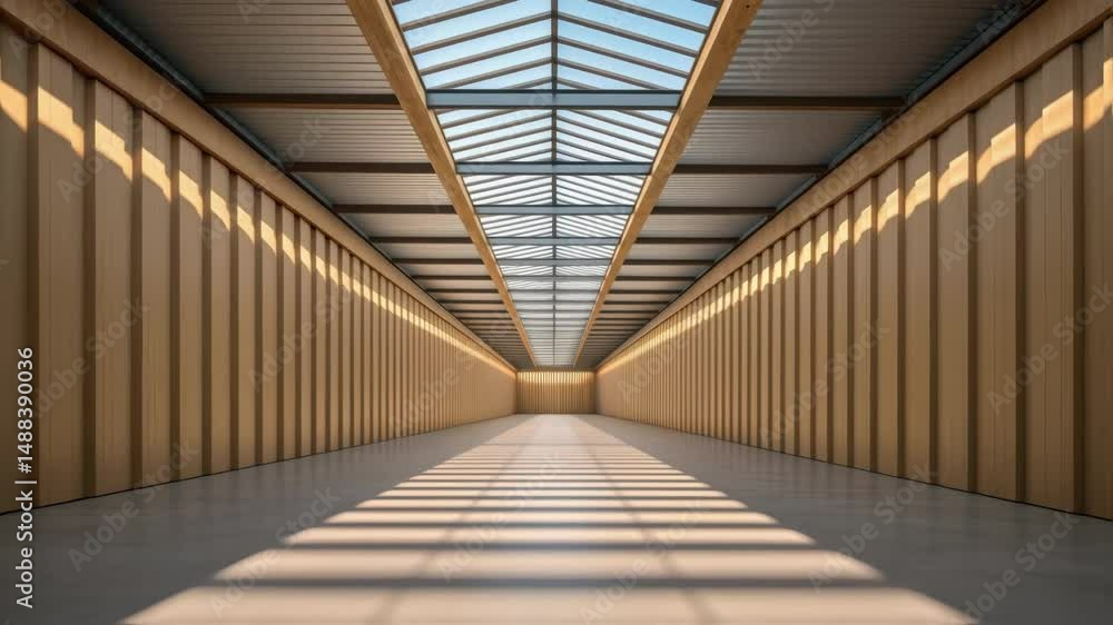 Poster sunlight illuminating empty corridor in modern warehouse