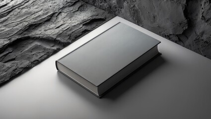 Black table featuring a closed grey book from above. Space for written content