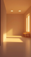 Sunlit empty room, wooden bench, sunlight streaming through window, minimalist interior design, perfect for website backgrounds