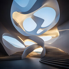 Abstract architectural design, illuminated interior with stairs, twilight sky background, architectural visualization