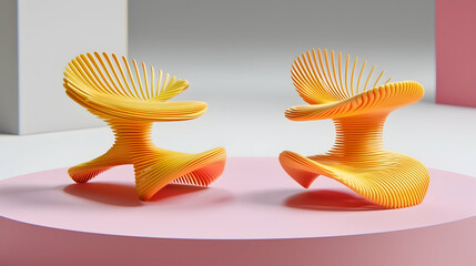 Two modern yellow spiral chairs on pink platform, minimalist studio background, ideal for interior design websites