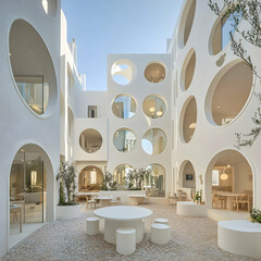 Modern courtyard school design; sunlight fills atrium; children's play area; educational facility
