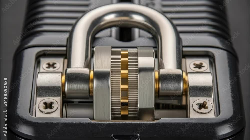 Poster close up padlock shackle locking mechanism rotating